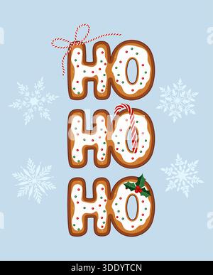 Eine festliche, vertikale Illustration mit den Worten „HO HO HO“ aus Lebkuchenkeksen, verziert mit weißer Glasur, roten und grünen Streuseln und einer Dose Stock Vektor