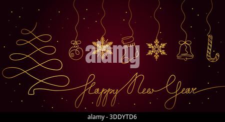 Eine luxuriöse Vektor-Illustration mit einem durchgehenden Strichkunst goldenen Weihnachtsbaum und Happy New Year Skript, begleitet von fünf hängenden komplizierten Stock Vektor