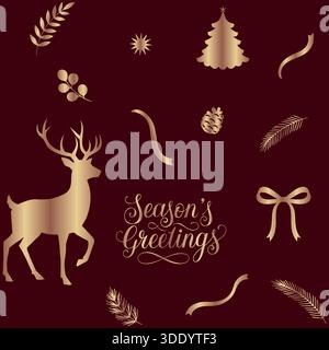 Ein üppiges, nahtloses Weihnachtsmuster mit einer Mischung aus glitzernden goldenen Weihnachtselementen, darunter Rentiere, Bögen und stilisierte Bäume, verstreut in Akro Stock Vektor