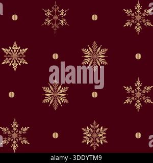 Ein luxuriöses und elegantes nahtloses Muster mit verschiedenen verzierten goldenen Schneeflocken und glänzenden goldenen Punkten, die in einer rasterartigen Wiederholung auf einem reichhaltigen, Stock Vektor