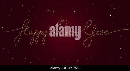 Ein wunderschönes luxuriöses Urlaubsdesign mit schimmerndem goldenem, durchgehendem Schriftzug, der „Happy New Year“ auf einem satten weinroten Hintergrund mit Akzenten schreibt Stock Vektor