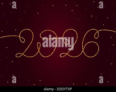 Ein luxuriöses Silvester 2026-Design mit glitzerndem, durchgehenden Linien-Schriftzug in Gold auf einem tiefen, satten burgunderroten Hintergrund, der von strahlenden Funkeln verstreut ist I Stock Vektor