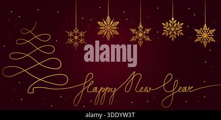 Eine luxuriöse Vektor-Illustration mit einem durchgehenden Strichkunst goldenen Weihnachtsbaum und Happy New Year Skript, begleitet von fünf hängenden komplizierten Stock Vektor