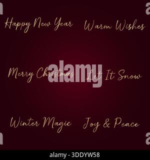 Eine Sammlung von sechs eleganten, handgeschriebenen goldenen Schriftzügen auf tiefem burgunderrotem Hintergrund, darunter „Merry Christmas“, „Happy New Year“, „warm Wis“ Stock Vektor
