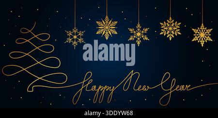 Eine luxuriöse Vektor-Illustration mit einem durchgehenden goldenen Weihnachtsbaum und einem Happy New Year-Skript, mit fünf hängenden, komplizierten Goldschnee Stock Vektor