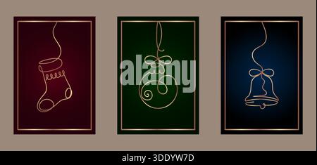 Ein modernes und elegantes Set aus drei vertikalen Weihnachtskarten mit durchgehenden goldenen Kunstdarstellungen von Weihnachtsstrumpf, -Ornamenten und -Glocke Stock Vektor