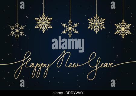 Eine luxuriöse Vektor-Illustration mit fünf hängenden glitzernden blauen Goldschneeflocken und Happy New Year-Schriftzug im durchgehenden Linienstil, Set Stock Vektor