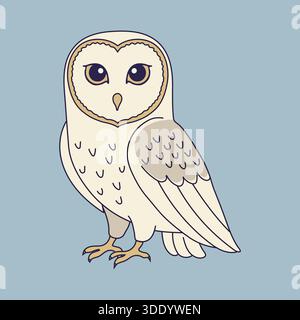 Minimalistischer flacher Stil Zeichentrickillustration einer niedlichen Scheuneneule mit einem herzförmigen Gesicht und großen Augen, die auf einem soliden blauen Hintergrund stehen, isoliertes Gemüse Stock Vektor