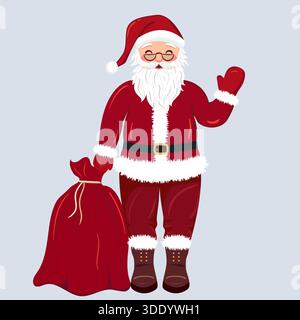 Ganzkörper-Vektor-Illustration eines fröhlichen Weihnachtsmanns mit weißem Bart und Brille, gekleidet in seinem klassischen roten Anzug, hallo winkt und A la hält Stock Vektor