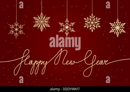 Eine luxuriöse Vektor-Illustration mit fünf hängenden, glitzernden goldenen Schneeflocken und einem Happy New Year-Schriftzug in einem durchgehenden Linienstil Stock Vektor