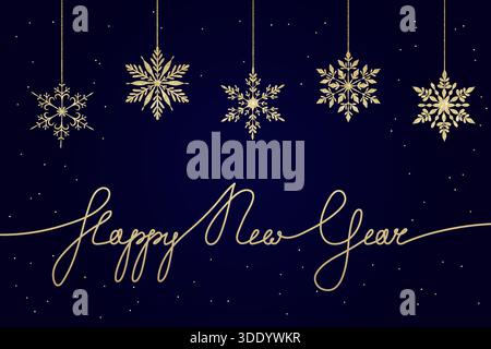 Eine luxuriöse Vektor-Illustration mit fünf hängenden glitzernden Schneeflocken in marineblauem Gold und einem Happy New Year-Schriftzug in durchgehender Linie Stock Vektor