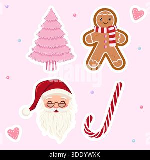 Eine Sammlung von vier bezaubernden Vektoraufklebern mit einem rosafarbenen Weihnachtsbaum, einem lächelnden Lebkuchenmann mit einem Schal, einem Santa Claus Kopf und einem roten C. Stock Vektor