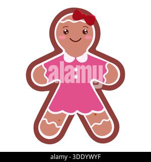 Eine charmante und fröhliche Lebkuchenmädchen-Keksfigur, verziert mit weißer Glasur, einem rosa Kleid mit Kragen und einer niedlichen roten Schleife im Haar, smi Stock Vektor