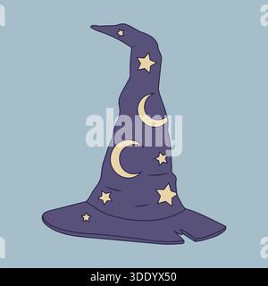 Illustration im Cartoon-Stil eines lila Zauberers oder Zauberers Hut verziert mit gelben Halbmonden und Sternen mystisches und magisches Design isolierter Vekt Stock Vektor