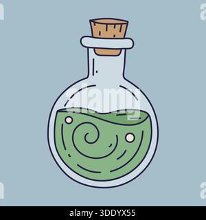 Karikaturillustration einer Glasflasche mit einem Korkstopfen, der wirbelnde grüne Flüssigkeit enthält und Blasen ein magisches Elixier oder Gift isolierte Vektorgra Stock Vektor