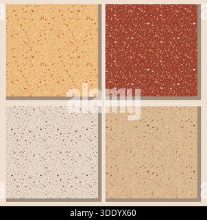 Ein vielseitiges Set aus vier nahtlosen Terrazzo-Mustern, jedes mit verstreuten Flecken und Chips in komplementären Erdtönen wie Terrakotta, Beige, cr Stock Vektor