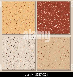 Ein vielseitiges Set aus vier nahtlosen Terrazzo-Mustern, jedes mit verstreuten Flecken und Chips in komplementären Erdtönen wie Terrakotta, Beige, cr Stock Vektor
