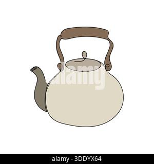 Eine stilvolle und warme Vektorillustration eines Wasserkochers, hergestellt mit einer einzigen, durchgehenden Linie. Mit weichem, beigefarbenem Korpus und einem braunen Griff in Kontrastfarbe Stock Vektor