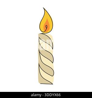 Eine warme und einladende Vektor-Illustration einer brennenden Kerze, gefertigt mit einer einzigen Linie. Mit einer leuchtenden orangefarbenen Flamme und einem dezent gestreiften beigen bo Stock Vektor