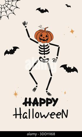 Eine verspielte Vektor-Illustration für Halloween, die einen tanzenden Skelettkopf darstellt, umgeben von Fledermäusen und Spinnweben. Mit Happy Halloween Text, Perf Stock Vektor