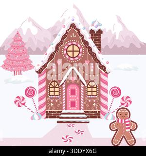 Bezaubernde Zeichentrickillustration eines süßen, rosa und Schokoladen Lebkuchenhauses, bedeckt mit Zuckerguss und Süßigkeiten, vor einer verschneiten Bergkulisse. Fe Stock Vektor