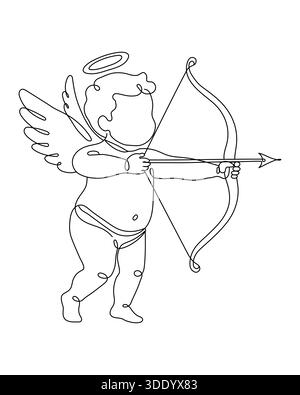 Eine minimalistische, durchgehende Linienzeichnung eines fliegenden Cupiden, der auf seinen Bogen und seinen herzförmigen Pfeil gerichtet ist, perfekt für Valentinstag-Designs, romantische Begrüßung c Stock Vektor