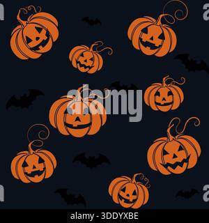 Ein festliches und gruseliges nahtloses Vektormuster für Halloween, mit verstreuten Kürbissen mit verschiedenen Jack o Laternen Gesichtern und Silhouetten von fliegenden b Stock Vektor