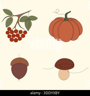 Eine bezaubernde Sammlung minimalistischer Liniengrafiken, die wesentliche Herbstelemente zeigen: Ein Zweig roter vogelbeeren, ein klassischer orangener Kürbis Stock Vektor