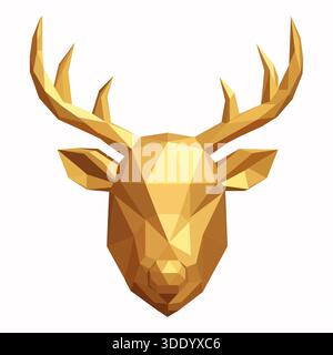 Eine atemberaubende, luxuriöse 3D-Illustration mit niedrigem Poly-Niveau eines Hirsches oder Hirschkopfes mit majestätischen Geweihen, die in leuchtendem Gold dargestellt sind geometrische Facetten verleihen ihm einen modischen Touch Stock Vektor