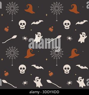 Ein stilvolles Vektormuster mit gedämpften Farbsilhouetten von Hexenhüten, Geistern, Kürbissen, Fledermäusen, Schädeln, Spinnen auf Netzen und Besen, wiederholt quer Stock Vektor