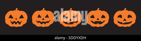 Ein Vektorsatz von fünf orangefarbenen Jack o' Laterne Silhouetten mit verschiedenen gruseligen und lächelnden geschnitzten Gesichtern, isoliert in einer Reihe gegen eine solide schwarze Backgr Stock Vektor