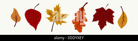 Eine Sammlung von sechs farbenfrohen Herbstblättern in warmen Rot-, Orange- und Gelbtönen mit Silhouetten verschiedener Baumarten wie Ahorn, Eiche, Stock Vektor