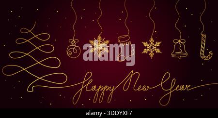 Eine luxuriöse Vektor-Illustration mit einem durchgehenden Strichkunst goldenen Weihnachtsbaum und Happy New Year Skript, begleitet von fünf hängenden komplizierten Stock Vektor