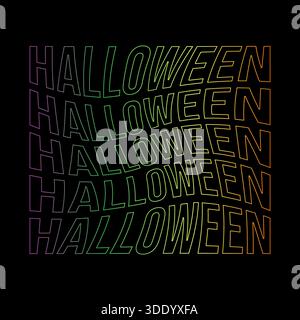 Eine auffällige Vektor-Illustration mit dem Wort „HALLOWEEN“, das fünfmal in großem, welligen, verzerrten Text mit einem leuchtenden Neonverlauf wiederholt wird Stock Vektor
