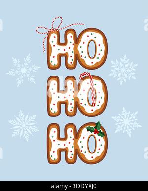 Eine festliche, vertikale Illustration mit den Worten „HO HO HO“ aus Lebkuchenkeksen, verziert mit weißer Glasur, roten und grünen Streuseln und einer Dose Stock Vektor