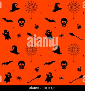 Ein lustiges, gruseliges Vektormuster mit schwarzen Silhouetten von Hexenhüten, Geistern, Kürbissen, Fledermäusen, Schädeln, Spinnen auf Netzen und Besen wiederholten sich auf einer vibra Stock Vektor
