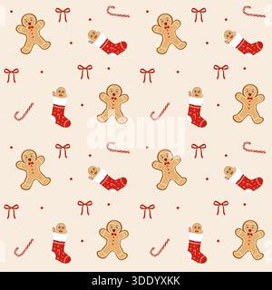Festlicher Feiertagshintergrund mit niedlichen Lebkuchenmännern, roten Weihnachtsstrümpfen gefüllt mit Leckereien, Zuckerstangen und Bögen auf einer hellen cremefarbenen Oberfläche Stock Vektor