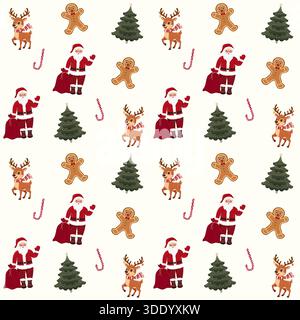 Ein festliches und traditionelles nahtloses Muster mit geliebten Weihnachtsfiguren: Der Weihnachtsmann mit seinem Sack, ein glücklicher Lebkuchenmann, ein geschmückter Christus Stock Vektor