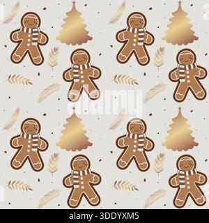 Ein fröhliches, festliches nahtloses Muster mit süßen Lebkuchenmännern mit Schals und stilisierten goldenen Weihnachtsbäumen auf einem warmen, neutralen Hintergrund Stock Vektor