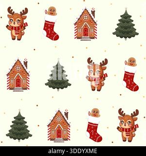Ein festliches nahtloses Muster mit bezaubernden Weihnachtselementen: Ein Kawaii-Rentier mit Schal, ein Lebkuchenhaus, ein geschmückter Weihnachtsbaum und Stock Vektor