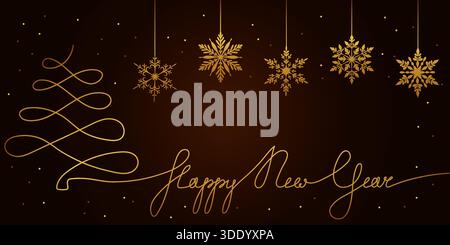 Eine luxuriöse Vektor-Illustration mit einem durchgehenden goldenen Weihnachtsbaum und einem Happy New Year-Skript, mit fünf hängenden, komplizierten Goldschnee Stock Vektor
