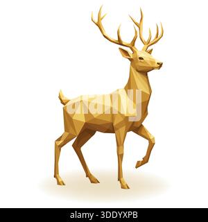 Eine großartige 3D-Illustration mit niedrigem Poly-Niveau eines Rentierhirsches in voller Schrittweite, die in glitzerndem Gold dargestellt ist. Geometrische Facetten definieren seinen Körper und sein großes Geweih Stock Vektor