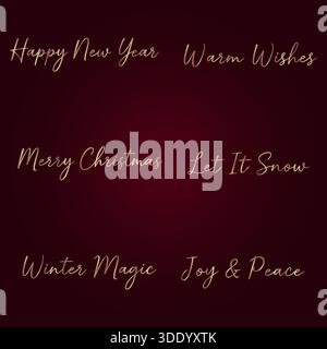 Eine Sammlung von sechs eleganten, handgeschriebenen goldenen Schriftzügen auf tiefem burgunderrotem Hintergrund, darunter „Merry Christmas“, „Happy New Year“, „warm Wis“ Stock Vektor