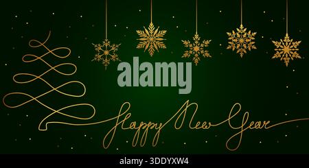 Eine luxuriöse Vektor-Illustration mit einem durchgehenden goldenen Weihnachtsbaum und einem Happy New Year-Skript, mit fünf hängenden, komplizierten Goldschnee Stock Vektor