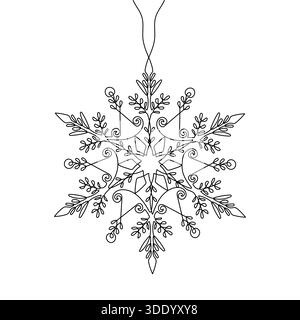 Eine zarte, elegante Schneeflocken-Illustration aus einer einzigen durchgehenden Linie. Perfekt für Wintermotive, Weihnachtsgrüße und natürliche Ästhetik Stock Vektor