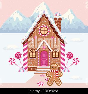 Eine charmante Vektor-Illustration eines süßen Lebkuchenhauses mit rosa und WA skurrilen Vektor-Illustration mit einem rosa und weißen Dekor Stock Vektor