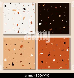 Eine stilvolle Kollektion aus vier nahtlosen Terrazzo-Mustern mit großen, auffälligen Fragmenten in Terrakotta, Schwarz, weiß und Orange, die gegen Kontrastfarben gesetzt sind Stock Vektor