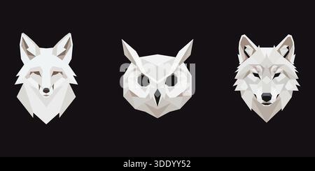 Minimalistische Low-Poly-Illustration mit den Köpfen eines Fuchses, einer Eule und eines Wolfs. Dieses weiße geometrische Kunstset auf schwarzem Hintergrund repräsentiert Moder Stock Vektor