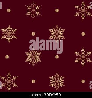 Ein luxuriöses und elegantes nahtloses Muster mit verschiedenen verzierten goldenen Schneeflocken und glänzenden goldenen Punkten, die in einer rasterartigen Wiederholung auf einem reichhaltigen, Stock Vektor