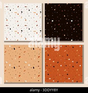 Eine stilvolle Kollektion aus vier nahtlosen Terrazzo-Mustern mit großen, auffälligen Fragmenten in Terrakotta, Schwarz, weiß und Orange, die gegen Kontrastfarben gesetzt sind Stock Vektor
